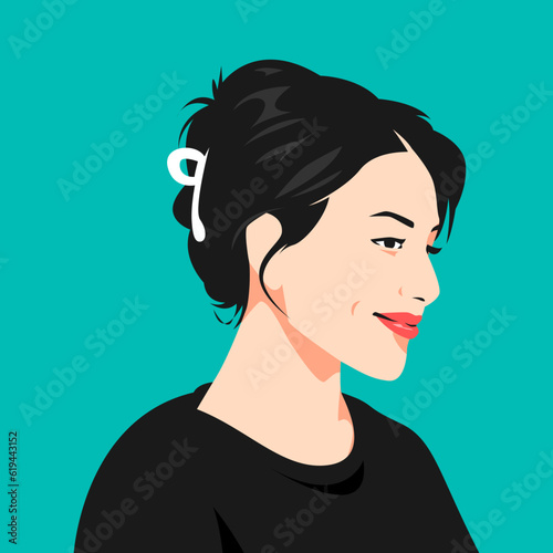 portrait of a beautiful cheerful girl with a short hairstyle and using a hair clip. side view. suitable for avatar, social media profile, print, etc. vector flat graphic.