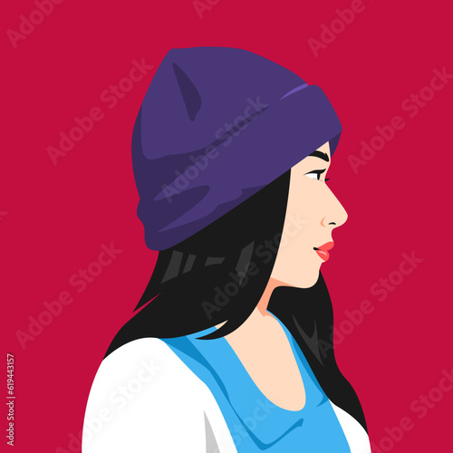 portrait of a woman wearing a beanie with a long straight hairstyle. side view. suitable for avatar, social media profile, print, etc. flat vector graphics.