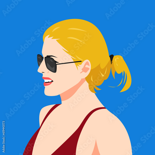 portrait of ponytailed blonde woman in bikini and sunglasses. side view. summer concept, beach. suitable for avatar, social media profile, print, etc. vector flat graphic.