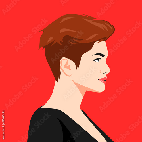 portrait of beauty woman with brunette short hairstyle, pixie cut. side view. suitable for avatar, social media profile, print, etc. flat vector graphic.