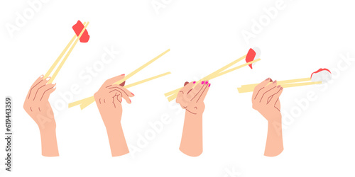 set of several hands holding sashimi with chopsticks. different poses. concept of food, culinary. flat vector illustration.