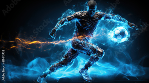 illustration of the essence of a soccer player in motion as they kick a ball with intense energy, created with Generative AI