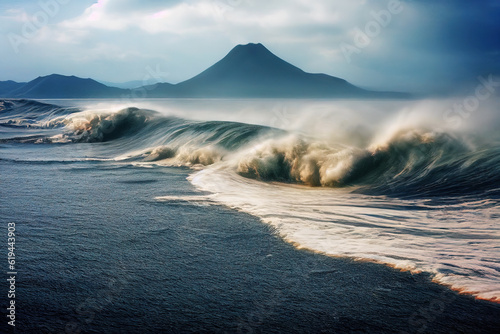 A swirling big wave with foam during the wind against the backdrop of mountains. AI-generated