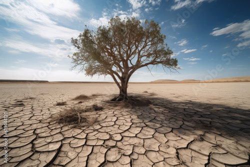 Cracked Earth and wilted tree depict severe drought caused by climate change, generative AI
