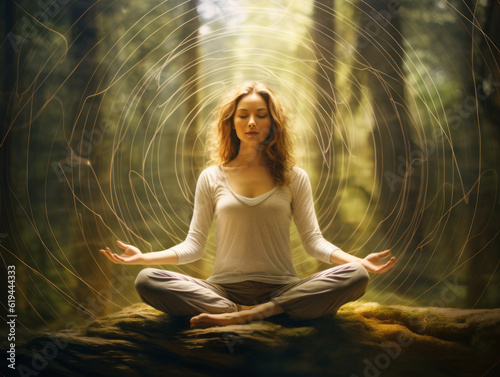 A woman in lotus pose in the forest, practicing yoga meditation and mindfulness exercises until wellness and awareness. Relaxation time - Generative AI