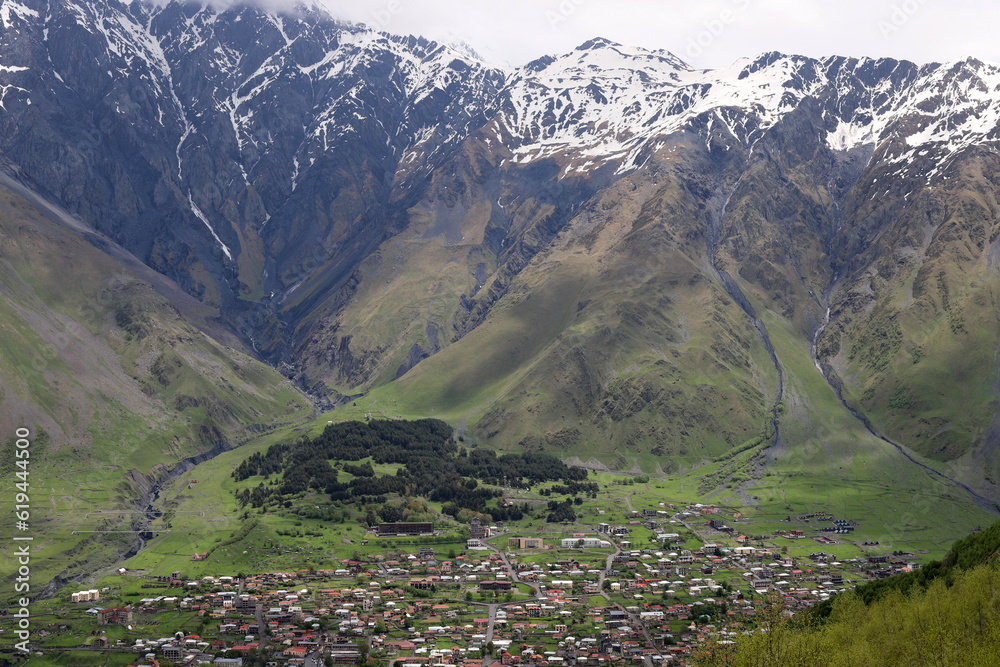 A village on the mountain slopes of the Greater Caucasus Range.