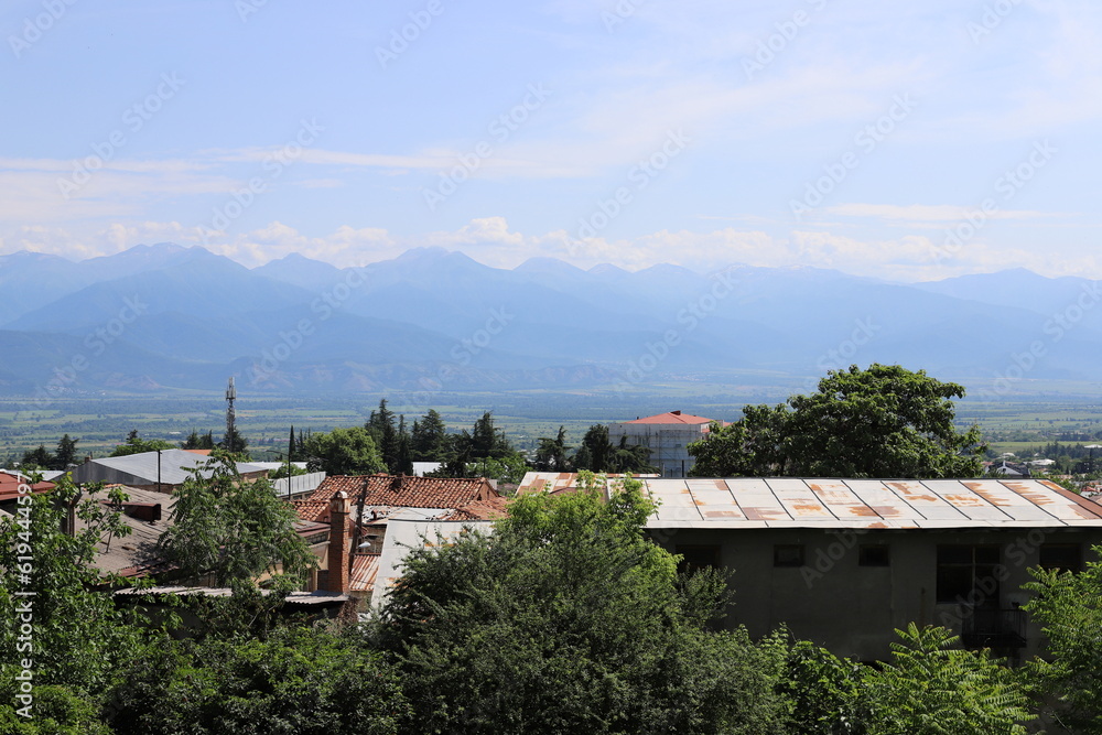 A village on the mountain slopes of the Greater Caucasus Range.