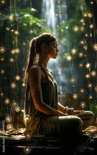 Awakening through mystical meditation. A woman in lotus pose in the forest, practicing yoga and mindfulness exercises until reaching nirvana - Generative AI