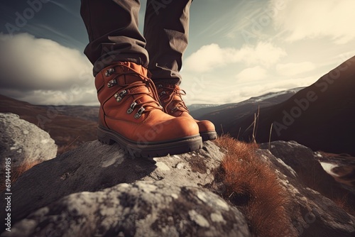Close-up of a man in hiking brown boots in the mountains.