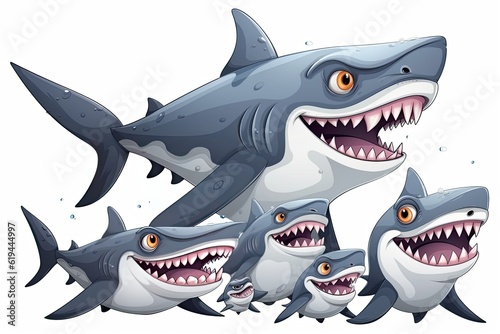 Illustration of a cartoon family of sharks on a white background. © Iryna