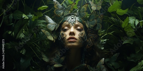 Fototapeta Naklejka Na Ścianę i Meble -  Mysterious photo of woman in jungle foliage surrounded by butterflies