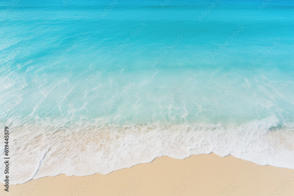 white sand beach background with turquoise sea water and small waves making white foam. summer, vacation, tropical and relax concept. top view