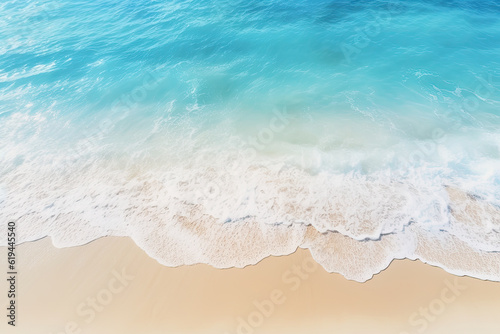 white sand beach background with turquoise sea water and small waves making white foam. summer, vacation, tropical and relax concept. top view