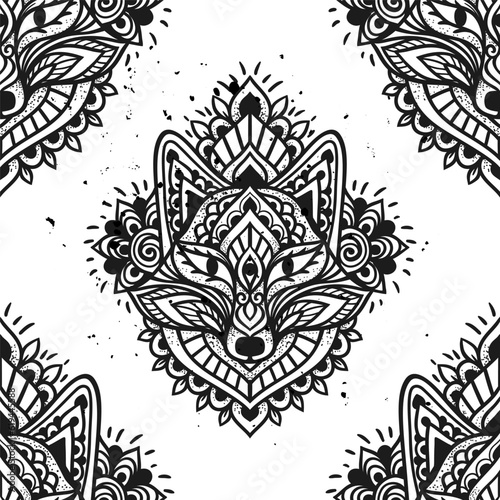 Fototapeta Naklejka Na Ścianę i Meble -  Fox mandala ornament. Vector illustration. Flower Ethnic drawing. Fox animal nature in Zen boho style. Coloring page black and white