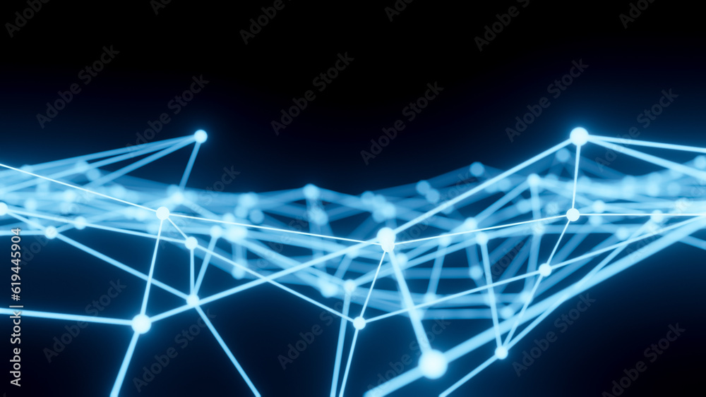 Obraz premium Abstract 3D glowing blue wireframe structure, virtual connection network digital technology, science concept, big data visualization isolated on black background