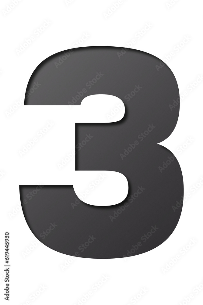 number cut paper 3 black gray isolated on transparent background
