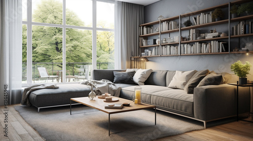 The interior design living room of a modern Scandinavian apartment, living room with gray sofa.