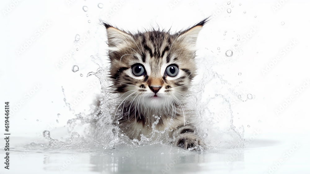 wet angry cat on a white background, water splashes, shower. Generative AI