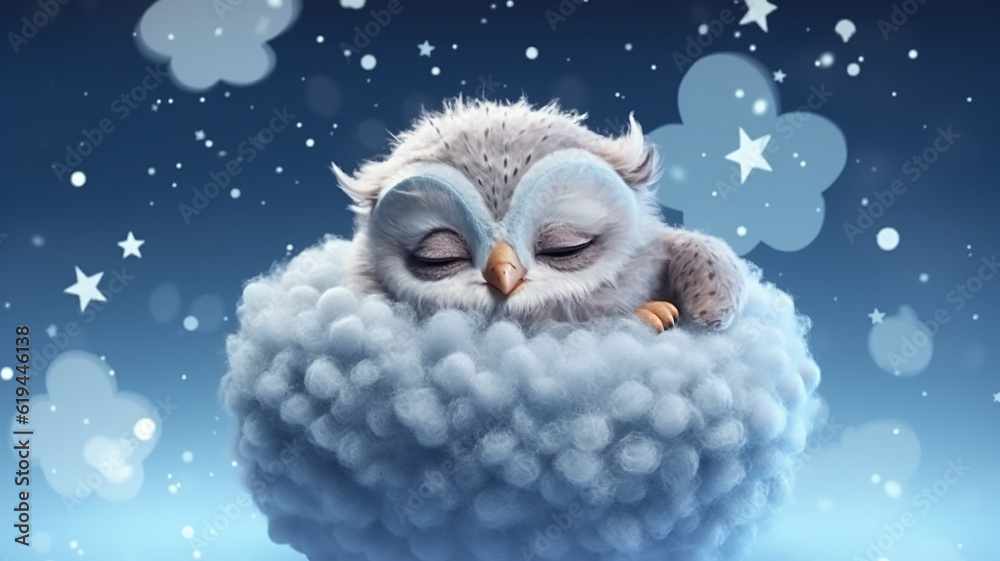 Obraz premium owl sleeps on a cloud watercolor. Generative AI
