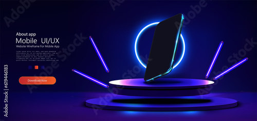 Smartphone mobile screen, technology mobile display light. Realistic neon podium scene for product display or presentation. Vector illustration