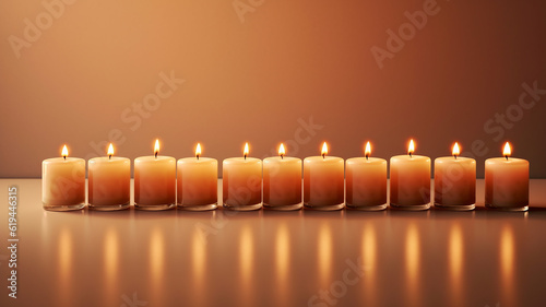 a row of burning candles on a warm background festive background, empty copy space. Generative AI
