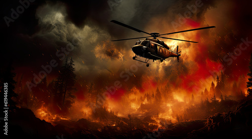 A helicopter flying over a forest filled with fire. Generative AI. A wildfire, forest fire, burning forest disaster.