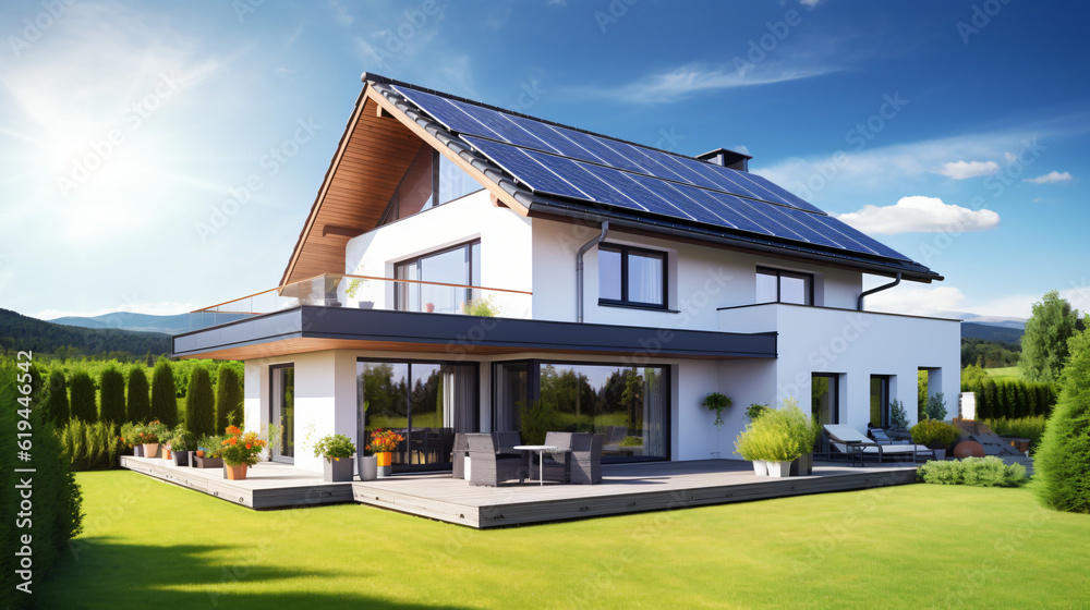 Sustainable Lifestyles: Solar Panel Roof Energy. Clean Power from the Sun for the Ecology.
Generative AI Sustainable Lifestyles: Solar Panel Roof Energy. Clean Power from the Sun for the Ecology.
Generative AI