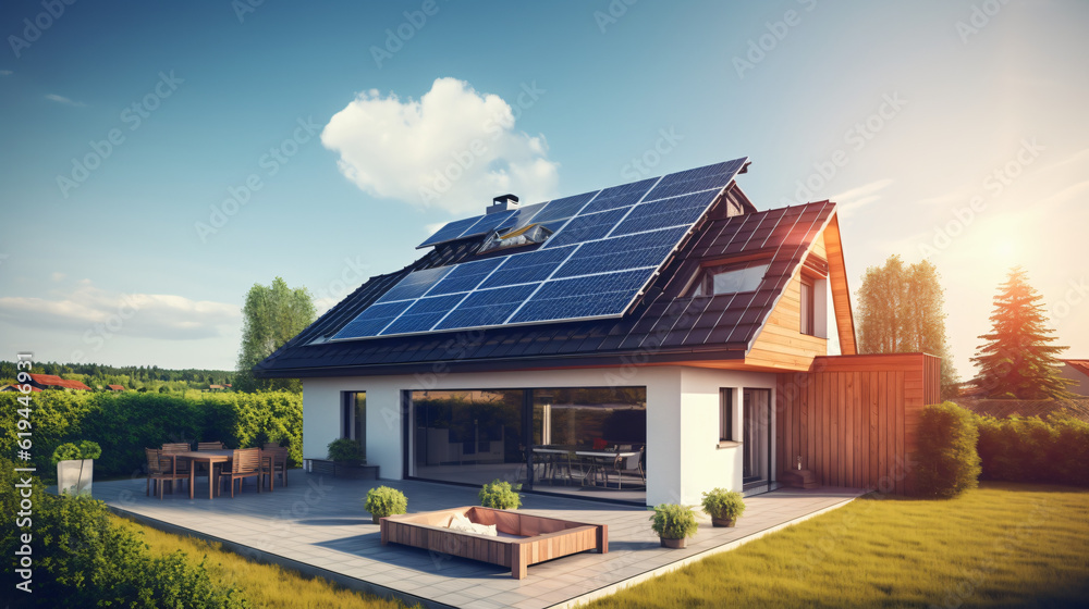 Sustainable Lifestyles: Solar Panel Roof Energy. Clean Power from the Sun for the Ecology.
Generative AI Sustainable Lifestyles: Solar Panel Roof Energy. Clean Power from the Sun for the Ecology.
Generative AI