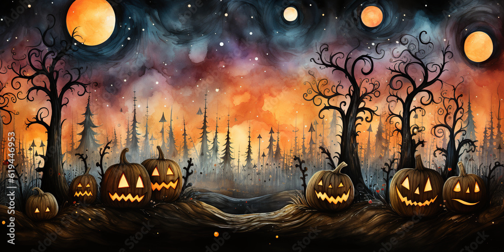 A painting of halloween pumpkins in a spooky forest. Generative AI. Cute Halloween background.