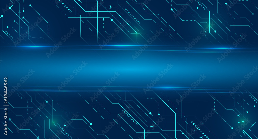 Wide Cyber security internet and networking concept. Hi-tech vector illustration with various technology elements. Abstract circuit board. Digital internet communication on blue background.