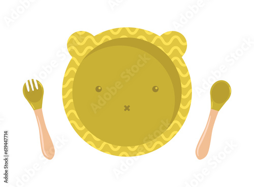 Set of silicone dishware for baby vector. First baby food concept, serving food for kids. Kid tableware set children dish flat 