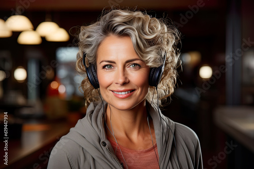 A woman with headphones is smiling at the camera. Generative AI. Middle aged woman with grey hair in earphones listening music or talking over internet with her colleagues or loved ones.