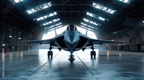 Powerful military fighter jet parked in military hangar. © visoot