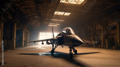 Powerful military fighter jet parked in military hangar.