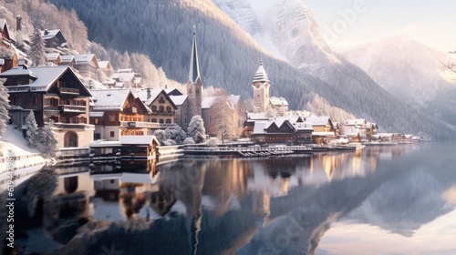 The idyllic village of Hallstatt with lake in the Austrian Alps, In winter time covered with snow.