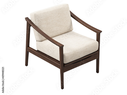 Midcentury beige fabric upholstery chair with wooden base. 3d render