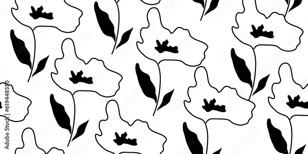 Modern simple seamless floral pattern. Black and white background with linear flowers. Minimalist style. Contour flower silhouettes. Modern simple seamless floral pattern. Black and white background with linear flowers. Minimalist style. Contour flower silhouettes.