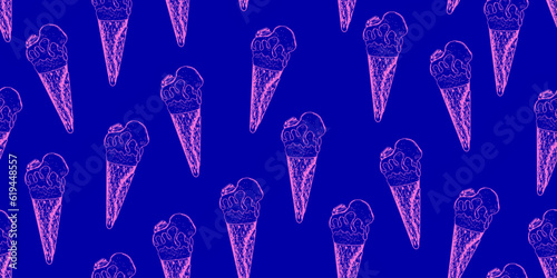 Seamless pattern with ice cream in waffle cone with caramel topping and piece of chocolate. Dark blue background with sketch style ice cream. Frozen dessert. Gelato drawing with hatching.
