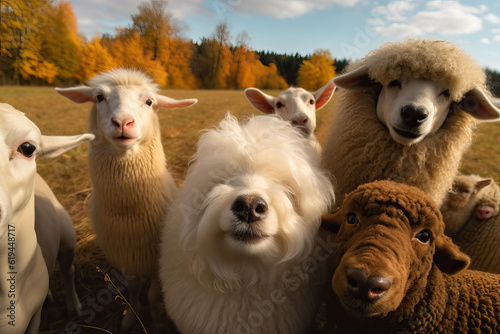 Tela Group of sheep taking selfie on a field