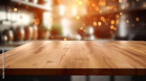 Beautiful empty brown wooden table top and blurred defocused modern kitchen interior background with daylight flare, product montage display made with AI generative technology