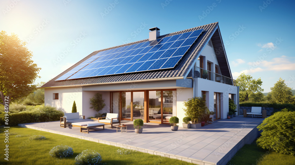 Sustainable Lifestyles: Solar Panel Roof Energy. Clean Power from the Sun for the Ecology.
Generative AI Sustainable Lifestyles: Solar Panel Roof Energy. Clean Power from the Sun for the Ecology.
Generative AI