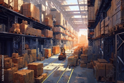 Warehouse with endless pallets of boxes and storage, robots and people working, massive factory facility, ai generated