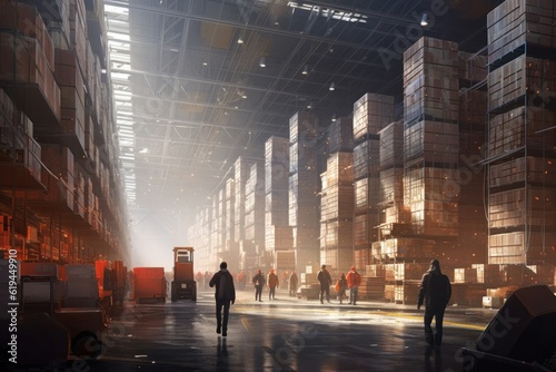 Warehouse with endless pallets of boxes and storage, robots and people working, massive factory facility, ai generated