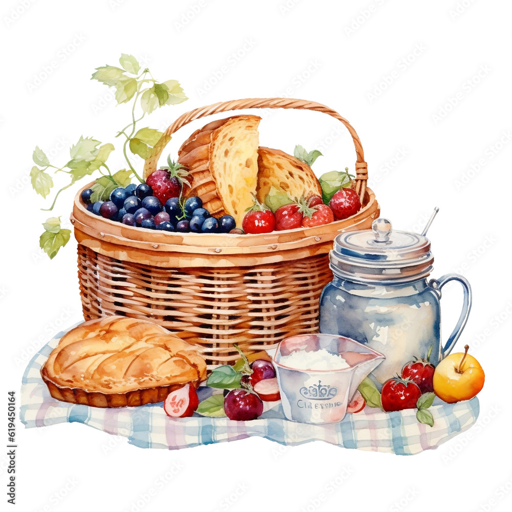 Summer Picnic Watercolor Clipart Set, Whimsical Picnic Elements