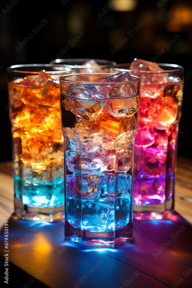 Four colorful glowing ice cubes in a glass. AI generative Four colorful glowing ice cubes in a glass. AI generative
