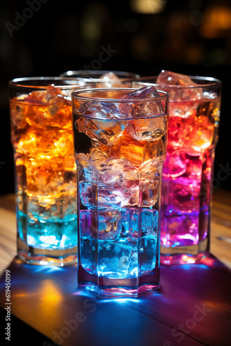 Four colorful glowing ice cubes in a glass. AI generative