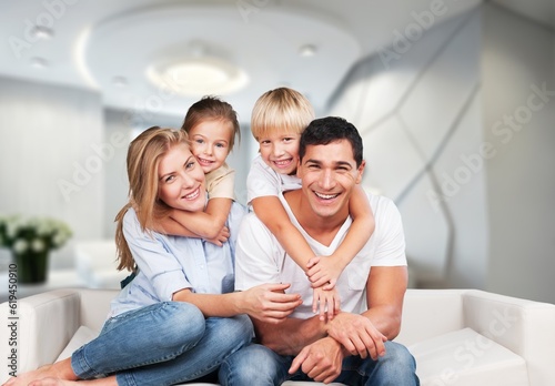 Positive couple of parents and cute kids at home, AI generated image