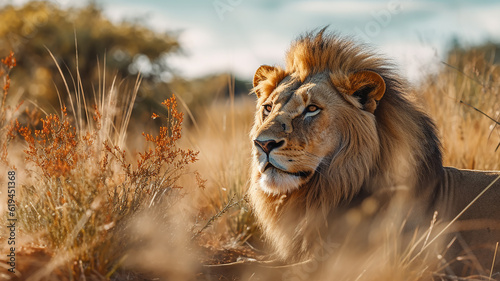 lion in the savanna african wildlife landscape. generative Ai