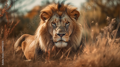 lion in the savanna african wildlife landscape. generative Ai © kichigin19