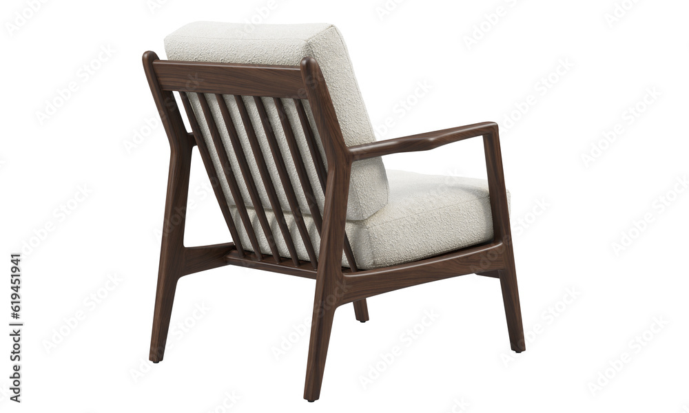 Midcentury white boucle fabric upholstery chair with wooden base. 3d render Midcentury white boucle fabric upholstery chair with wooden base. 3d render